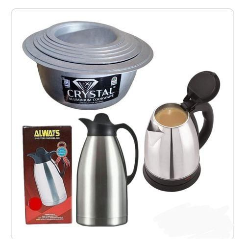 8pcs stainless steel saucepans, 2l Always Flask, 2l percolator - silver