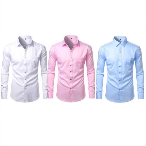 3 Piece Men's Cotton Office Shirts Long Sleeve - White, Blue & Pink