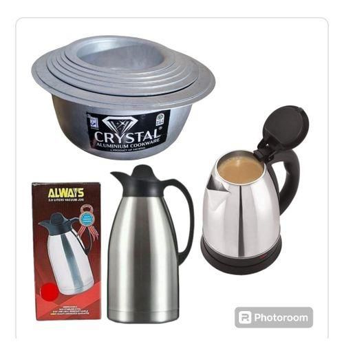 8pcs stainless steel saucepans, 2l Always Flask, 2l percolator - silver