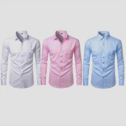 3 Piece Men's Cotton Office Shirts Long Sleeve - White, Blue & Pink