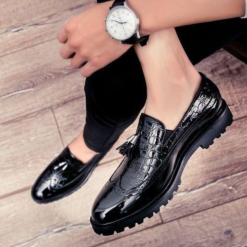 Male Formal Glossy Tassel Brogue Shoes Loafers & Slip-ons Formal Black